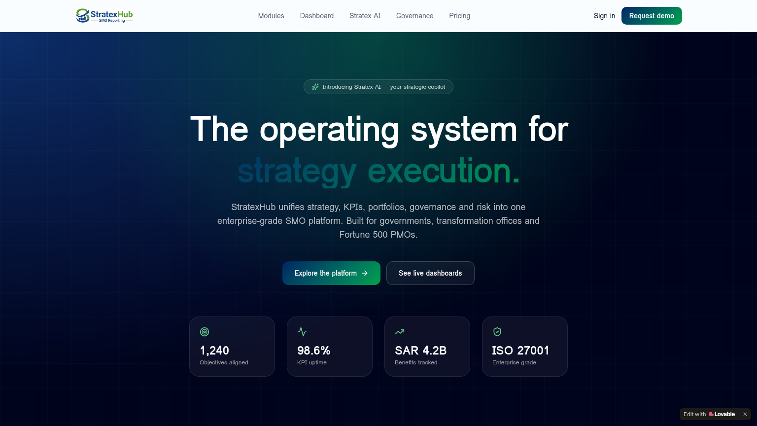 StratexHub homepage — the operating system for strategy execution